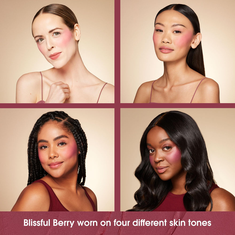 Beautyblender Bounce Liquid Whip Cream Blush application with fingers demonstrates easy blend.