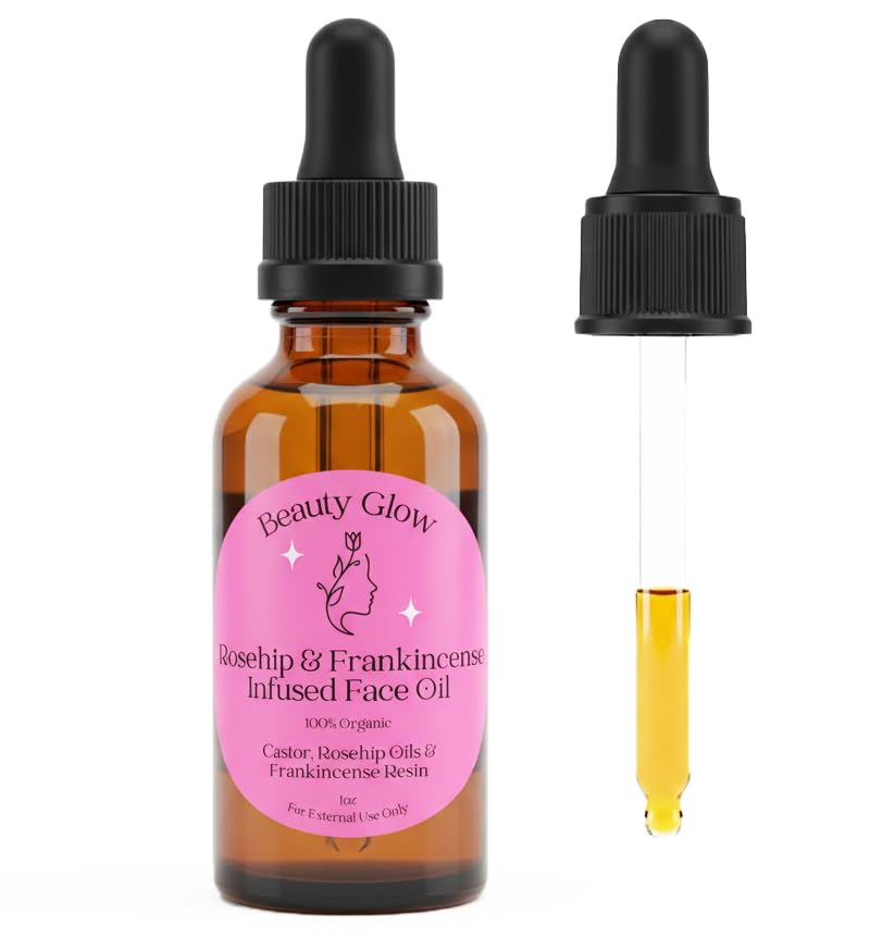 Beauty Glow frankincense resin infused castor oil bottle shows hydrating, radiant skin potential