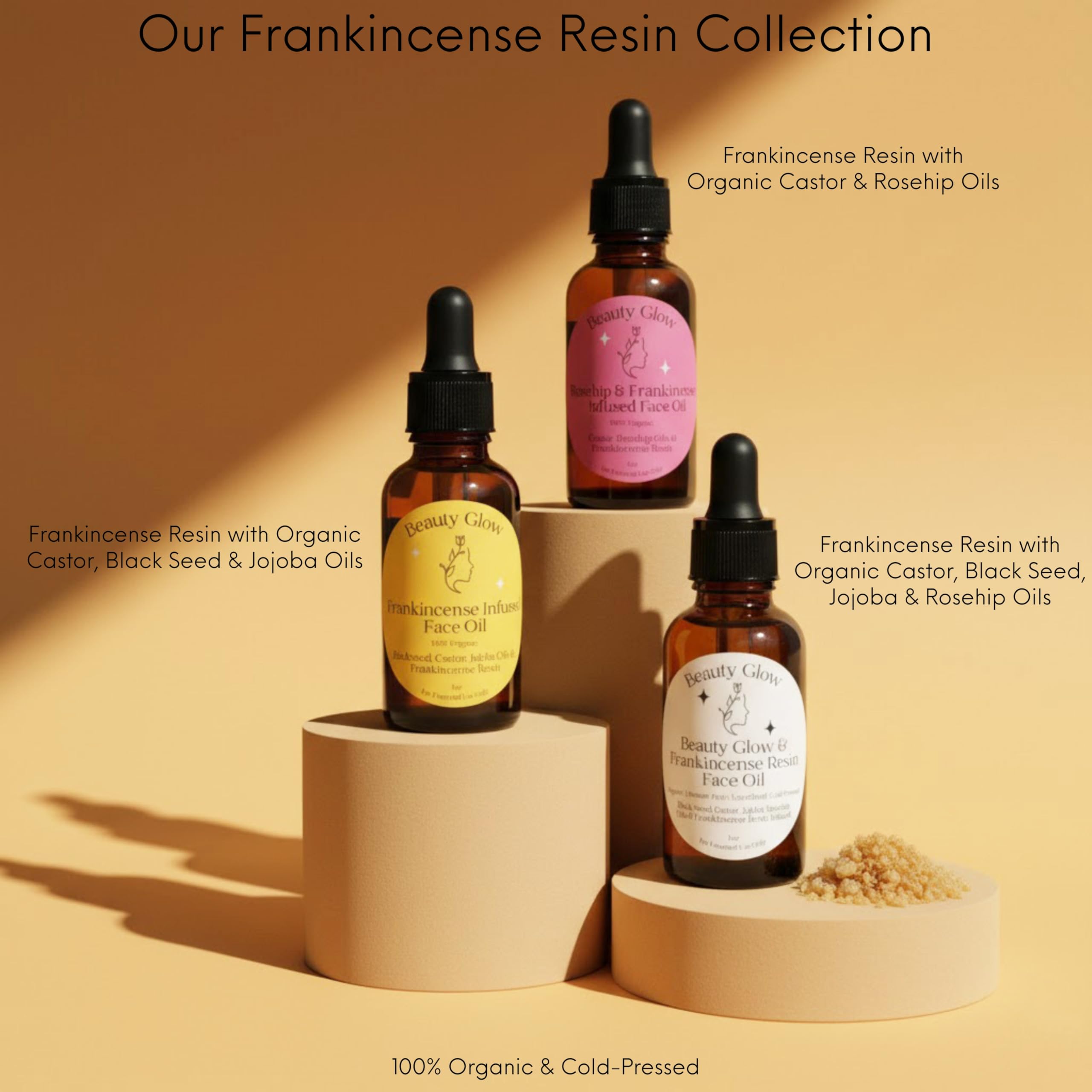 Beauty Glow packaging with frankincense resin infused blend signaling premium skincare