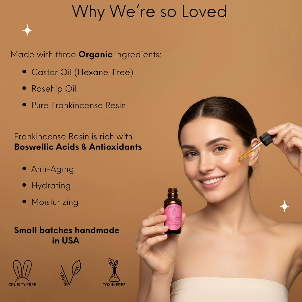 Beauty Glow frankincense resin infused rosehip oil bottle highlights hydration benefits