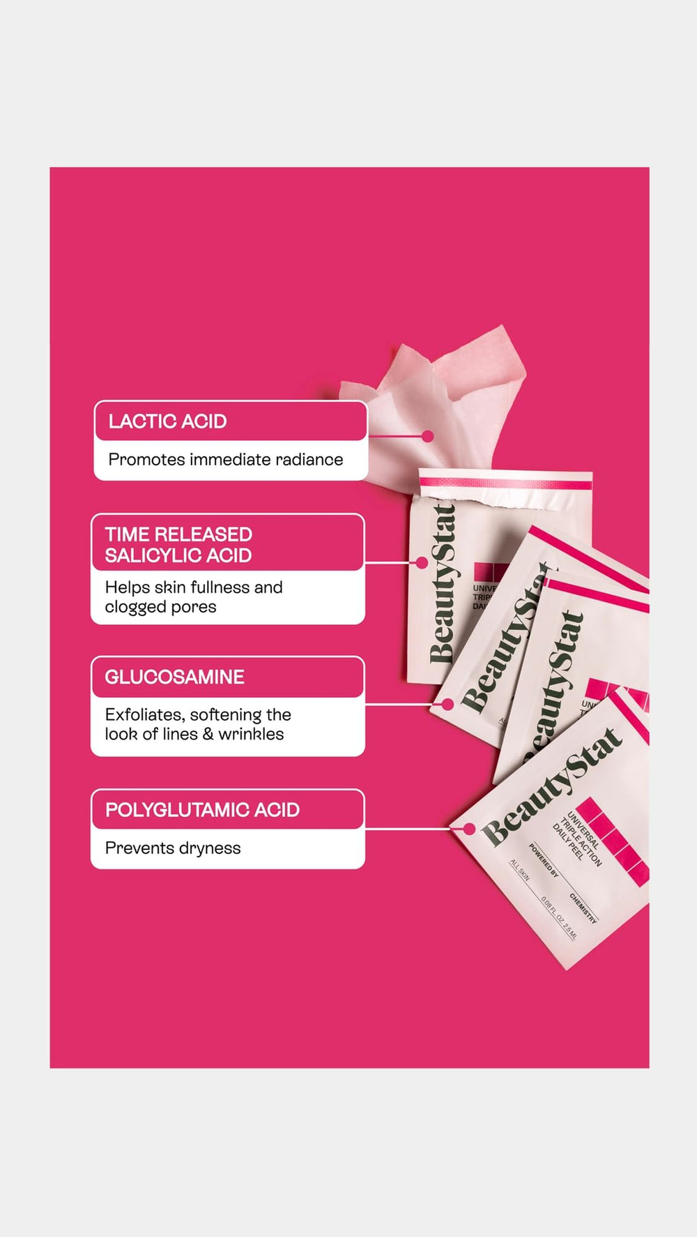 BeautyStat triple-action peel pad close-up showing exfoliating texture for fresh-looking skin