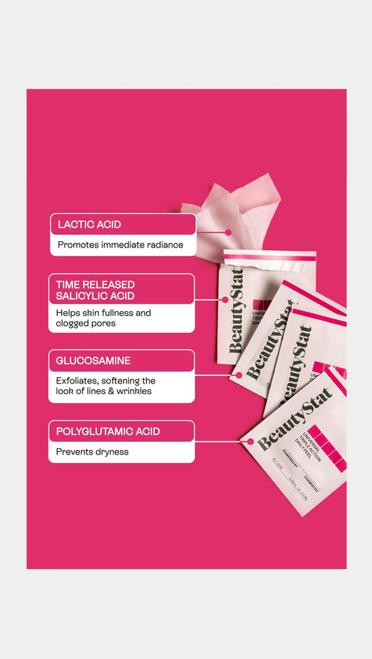 BeautyStat triple-action peel pad close-up showing exfoliating texture for fresh-looking skin