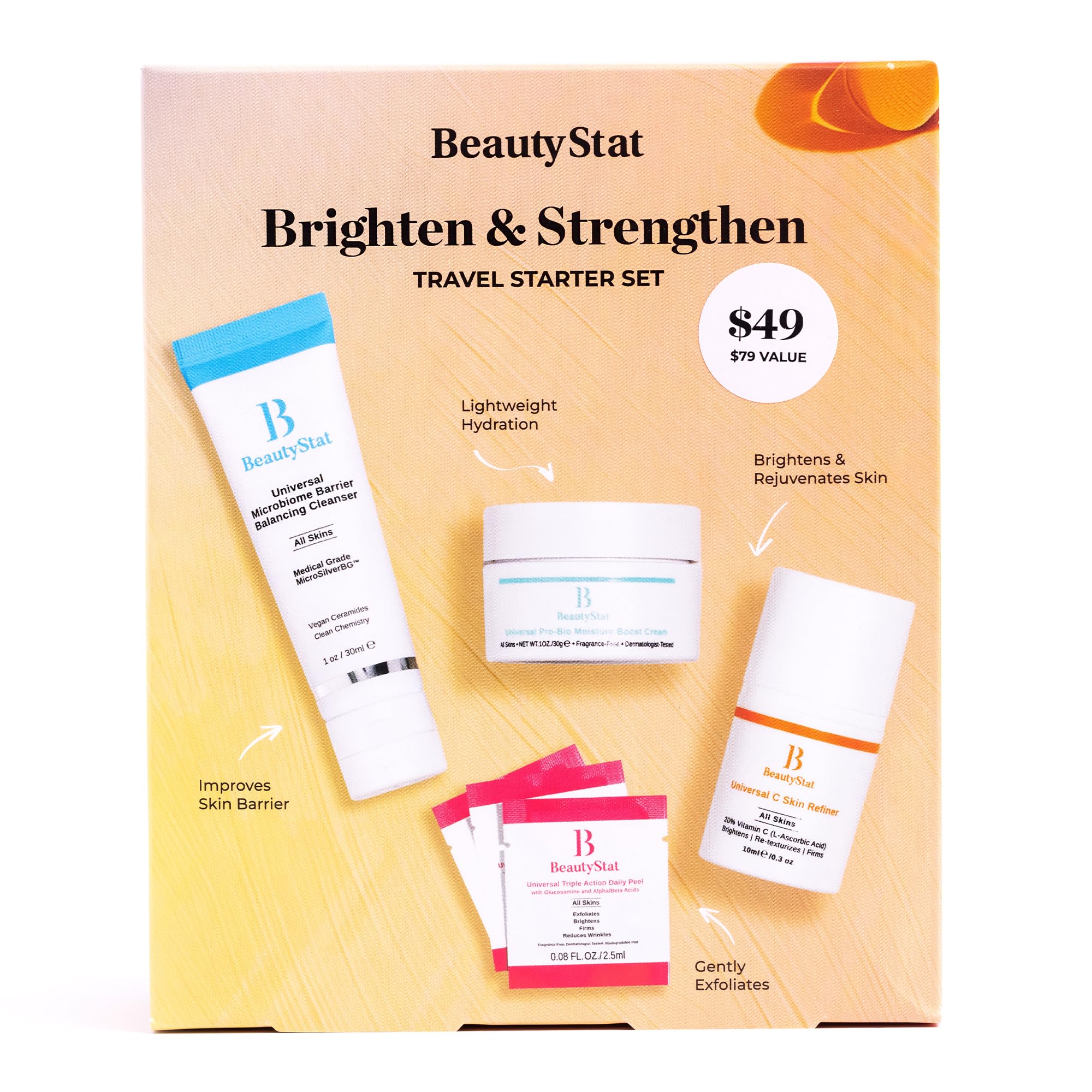 BeautyStat Universal C Skin Refiner bottle close-up, brightening serum for radiant skin