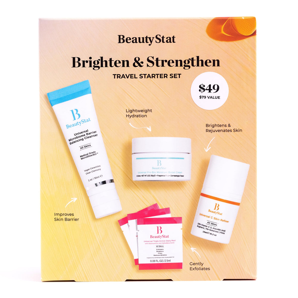 BeautyStat Universal C Skin Refiner bottle close-up, brightening serum for radiant skin