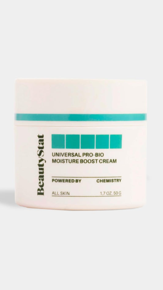 BeautyStat Universal Pro-Bio Moisture Boost Cream jar closeup highlights creamy texture.