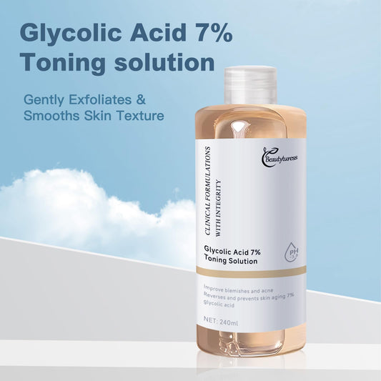 beautyturess glycolic acid 7% toner bottle back view aids ease of routine and consistency