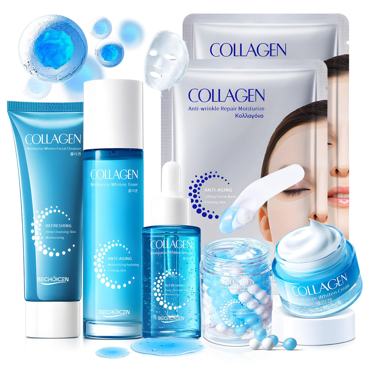 BECHOICEN collagen skincare set front view, ready for a daily hydrating routine