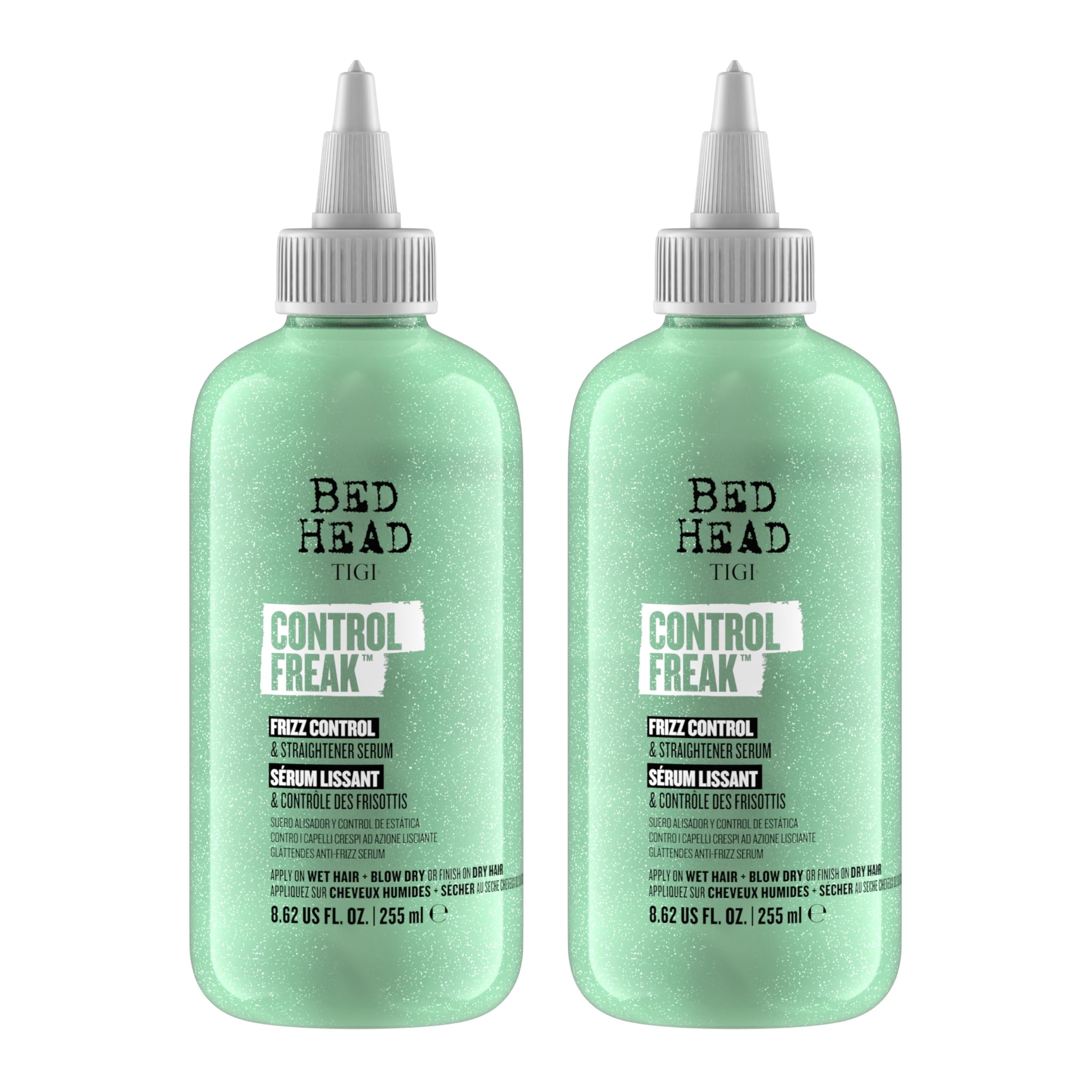 Bed Head Control Freak bottle dispensing frizz-control serum.