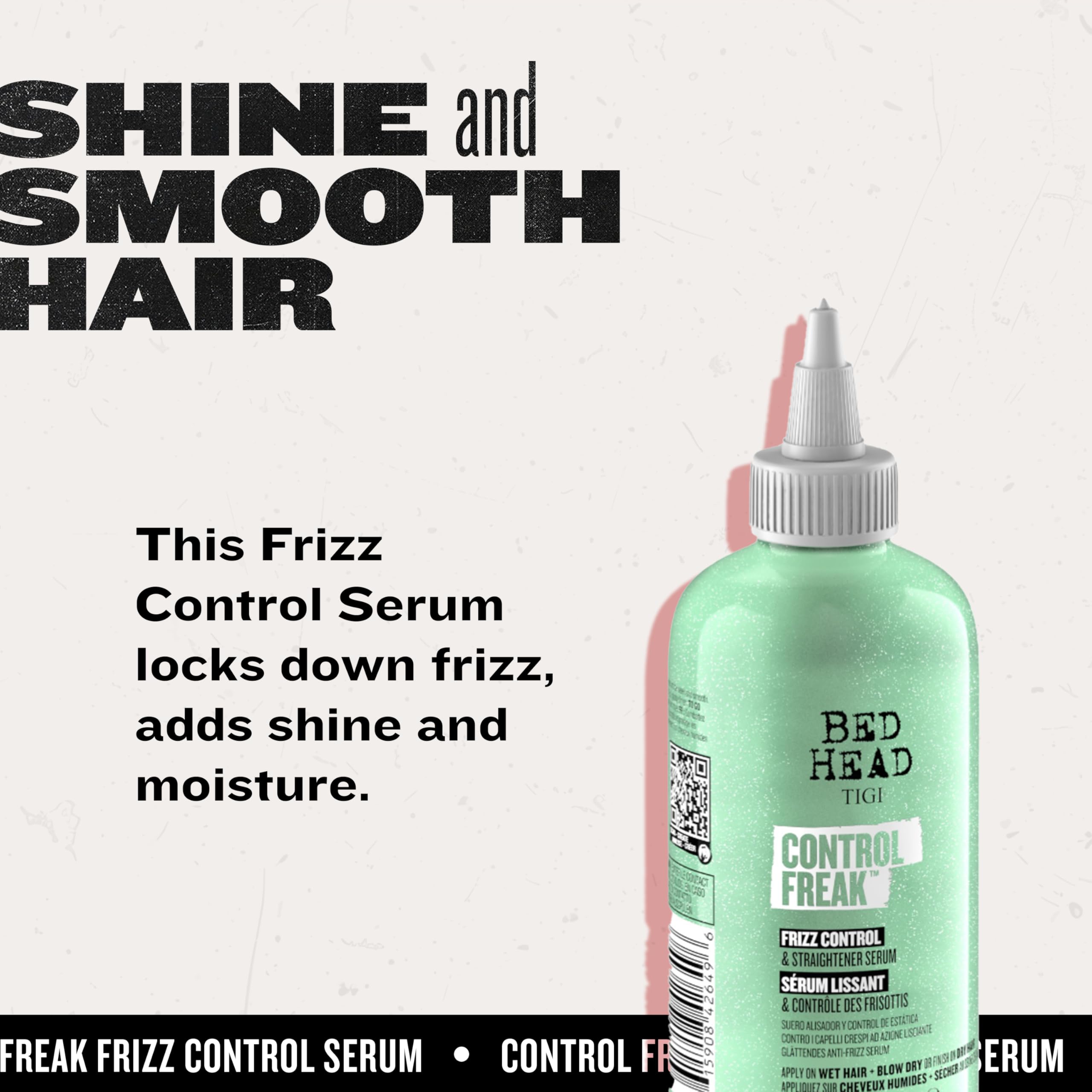 Bed Head Control Freak demonstrating frizz control on curls before and after.