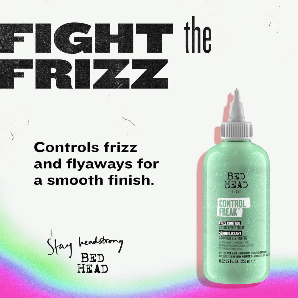 Bed Head Control Freak serum applied to damp hair for smoothing.