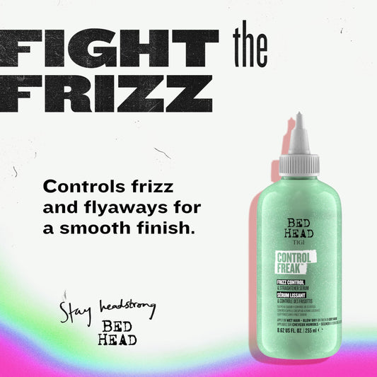 Bed Head Control Freak serum applied to damp hair for smoothing.