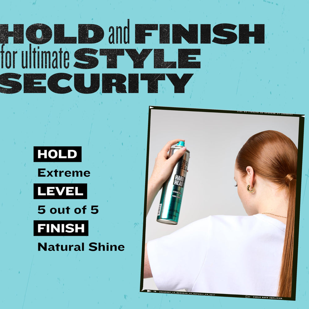 Bed Head Hard Head hairspray works for all hair types and textures.