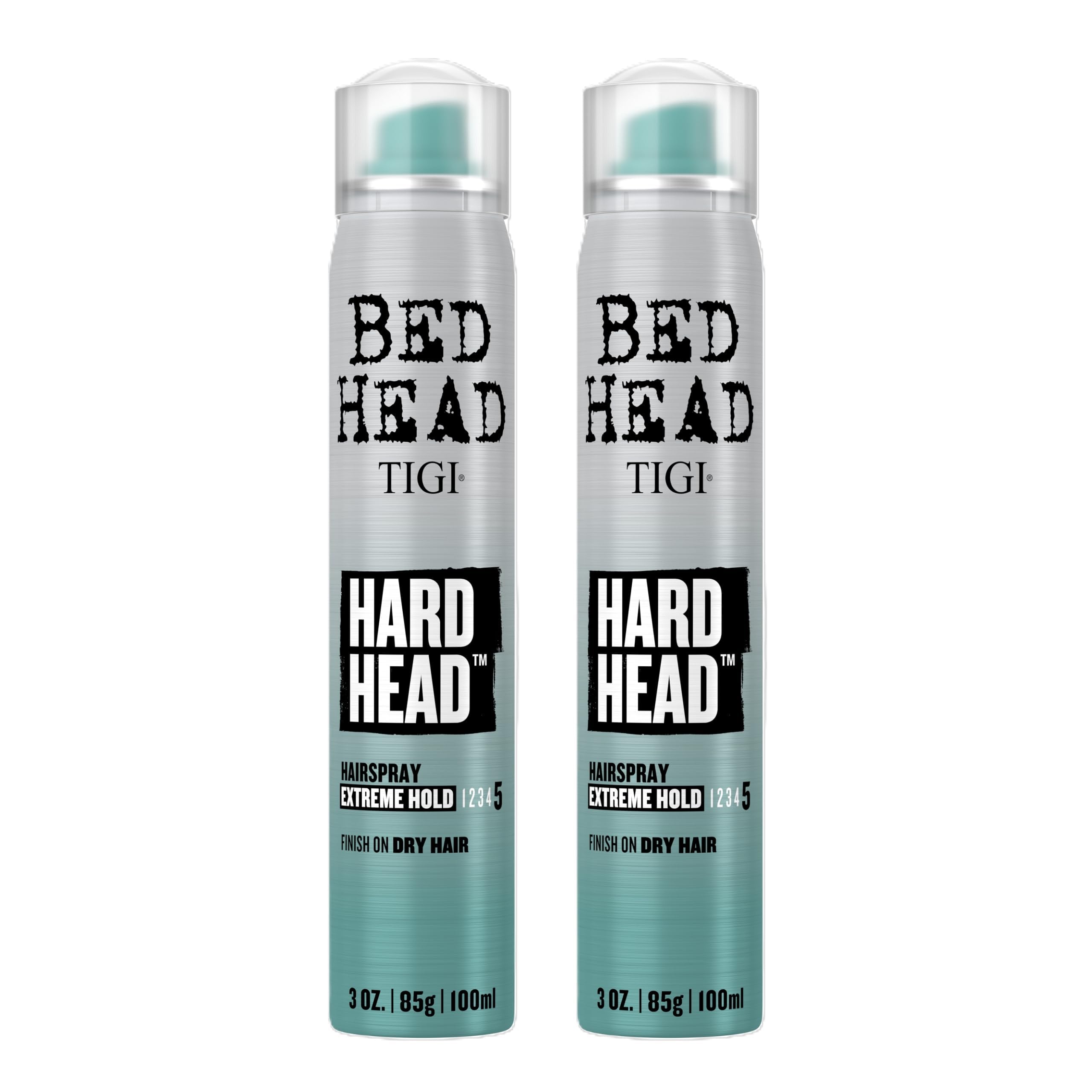 Bed Head Hard Head hairspray bottle closeup delivering extreme hold for mobile styling.