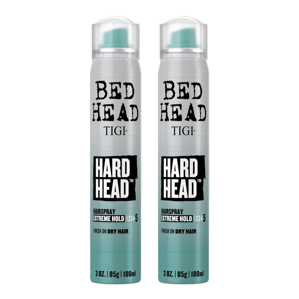 Bed Head Hard Head hairspray bottle closeup delivering extreme hold for mobile styling.