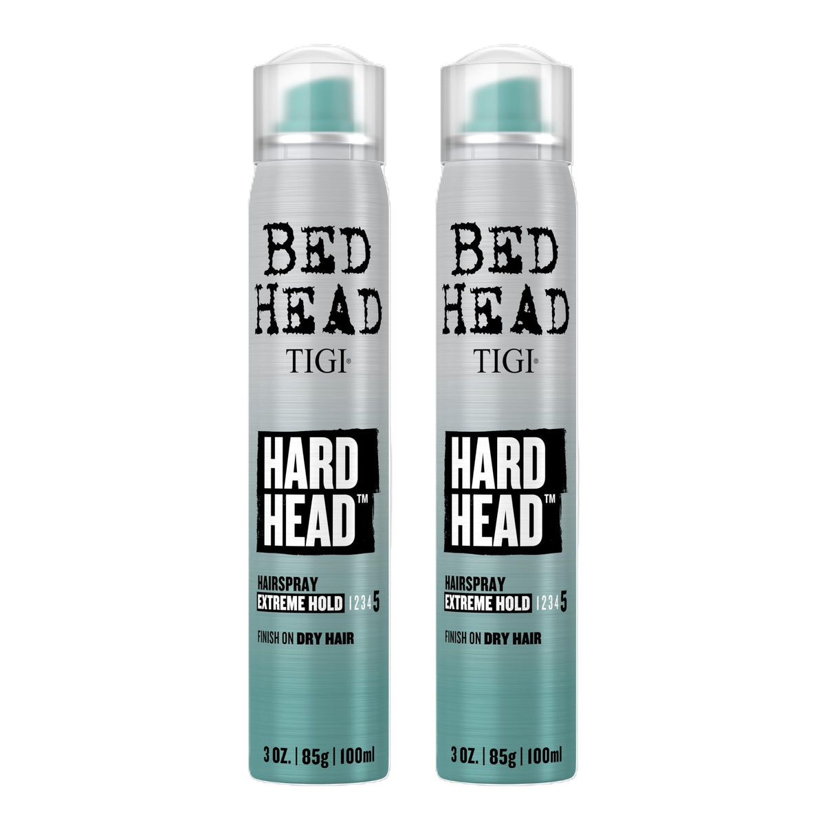 Bed Head Hard Head hairspray bottle closeup delivering extreme hold for mobile styling.