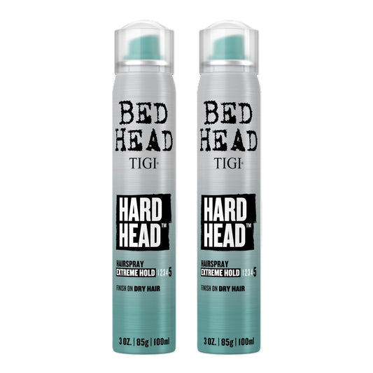 Bed Head Hard Head hairspray bottle closeup delivering extreme hold for mobile styling.