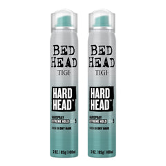 Bed Head Hard Head hairspray bottle closeup delivering extreme hold for mobile styling.