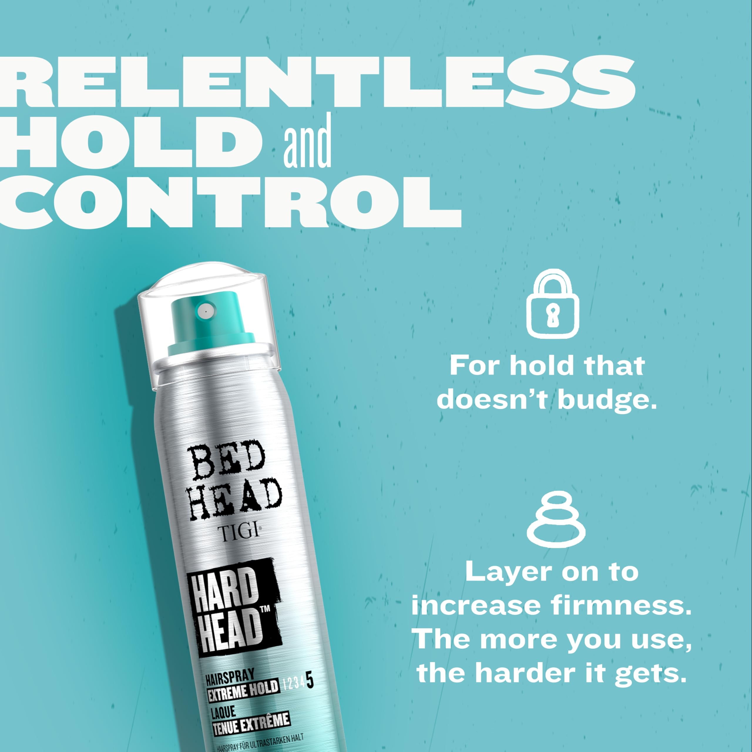 Bed Head Hard Head hairspray spray action for firm hold on creative looks.