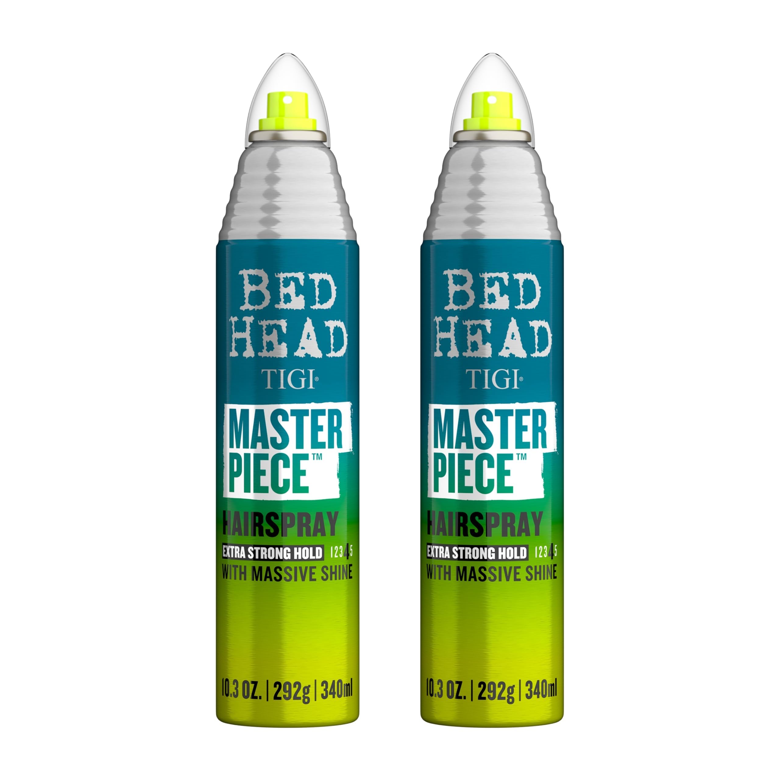 Bed Head Masterpiece hairspray bottle front view showing strong hold and shine