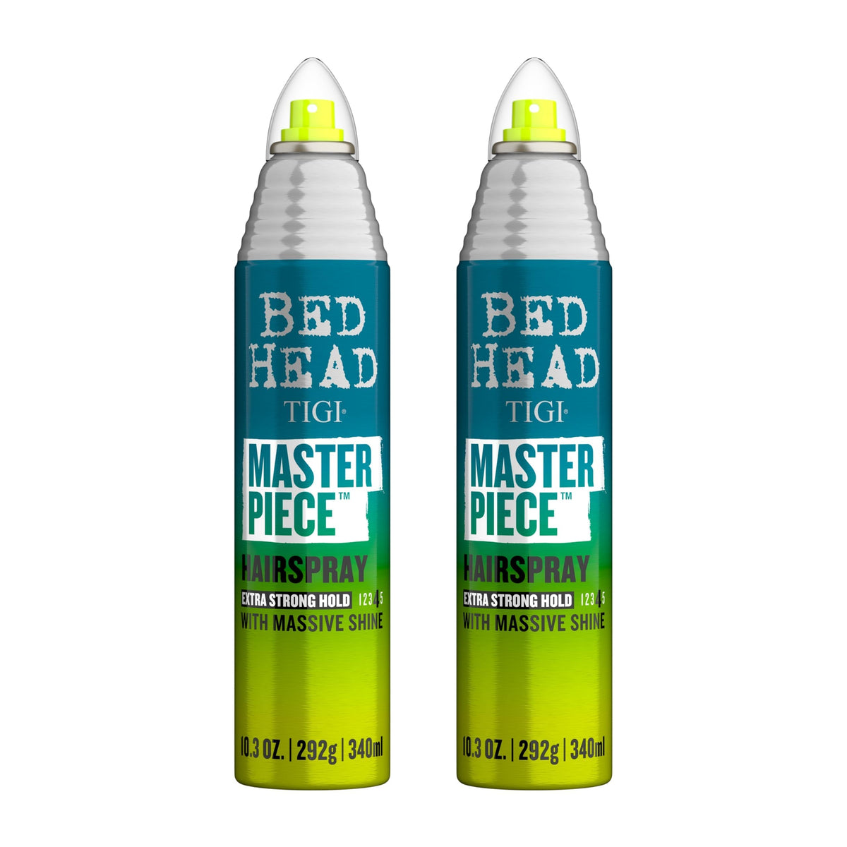 Bed Head Masterpiece hairspray bottle front view showing strong hold and shine