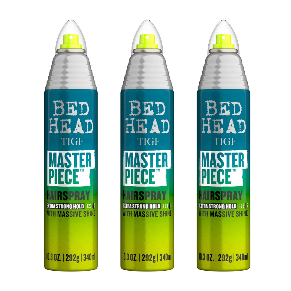 Bed Head Masterpiece hairspray bottle delivers long-lasting hold for all hair types.