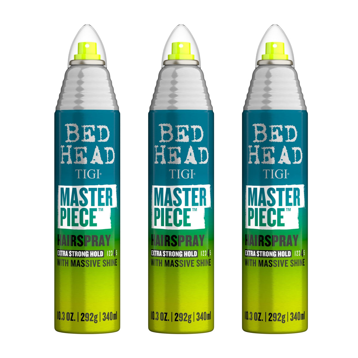 Bed Head Masterpiece hairspray bottle delivers long-lasting hold for all hair types.