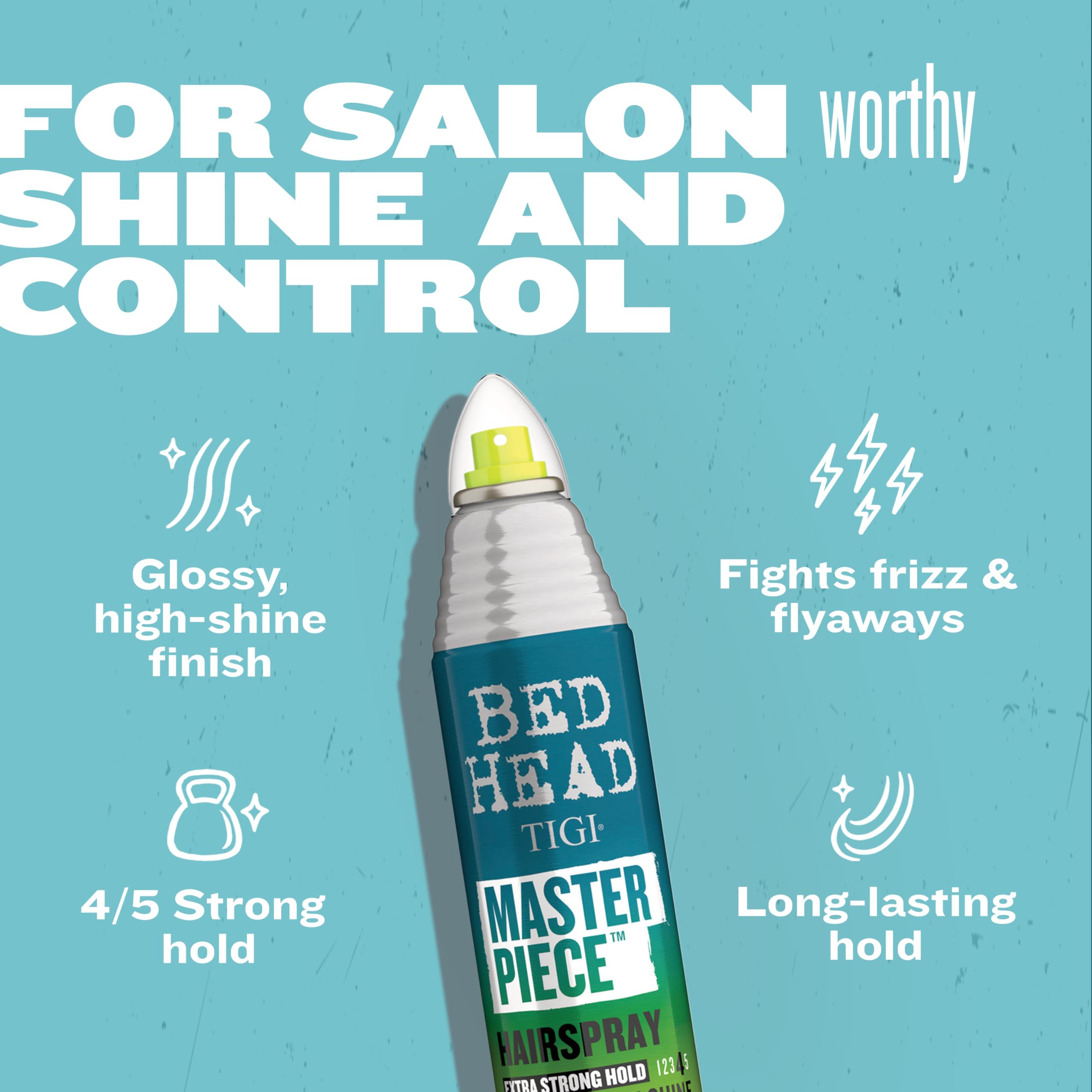 Bed Head Masterpiece hairspray with glossy finish enhances vibrant shine
