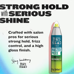 Bed Head Masterpiece hairspray spray dispersion shows a controlled mist for precise styling.