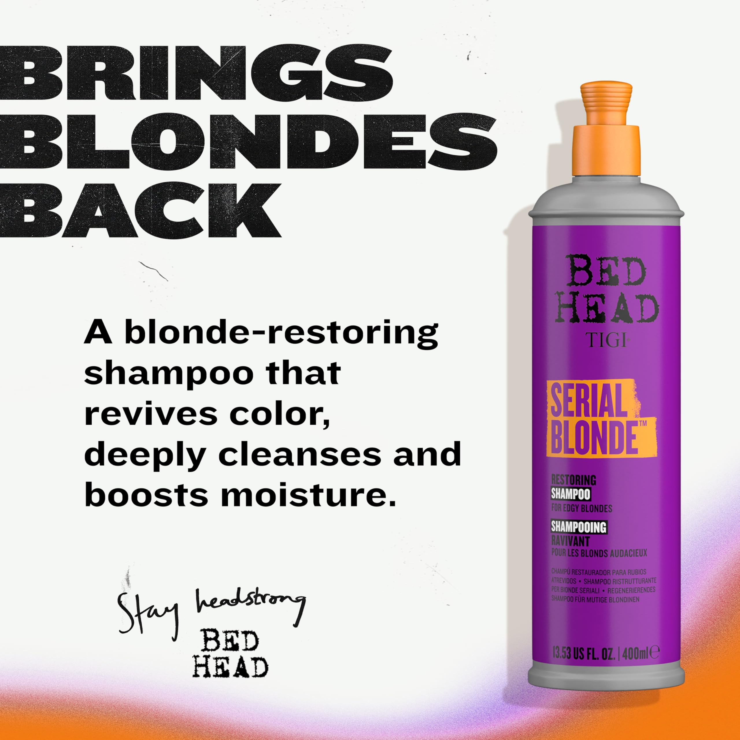 Bed Head Serial Blonde Shampoo label closeup highlighting keratin and amino acids for stronger hair
