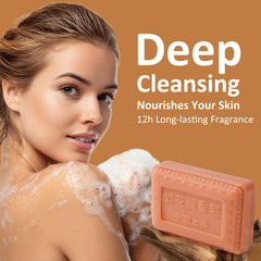 Bee & Flower sandalwood soap bar scents the bathroom with a calming aroma.