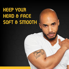 Bee Bald Smooth face and head application demonstrates soothing routine after shower.