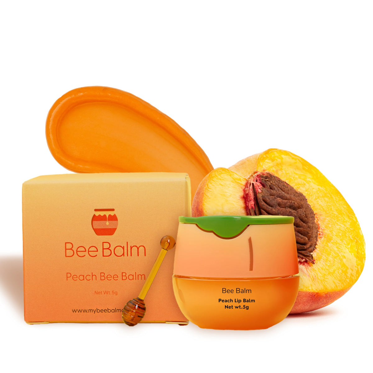 Bee Balm Original lip balm peach honey pot on display for hydration.