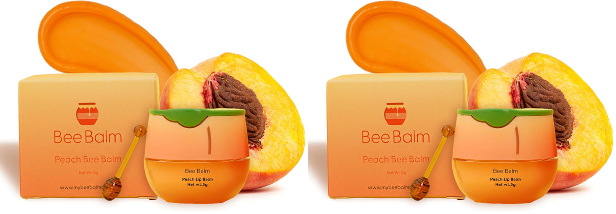 Bee Balm Original Peach Lip Balm in a honey pot delivering deep hydration.