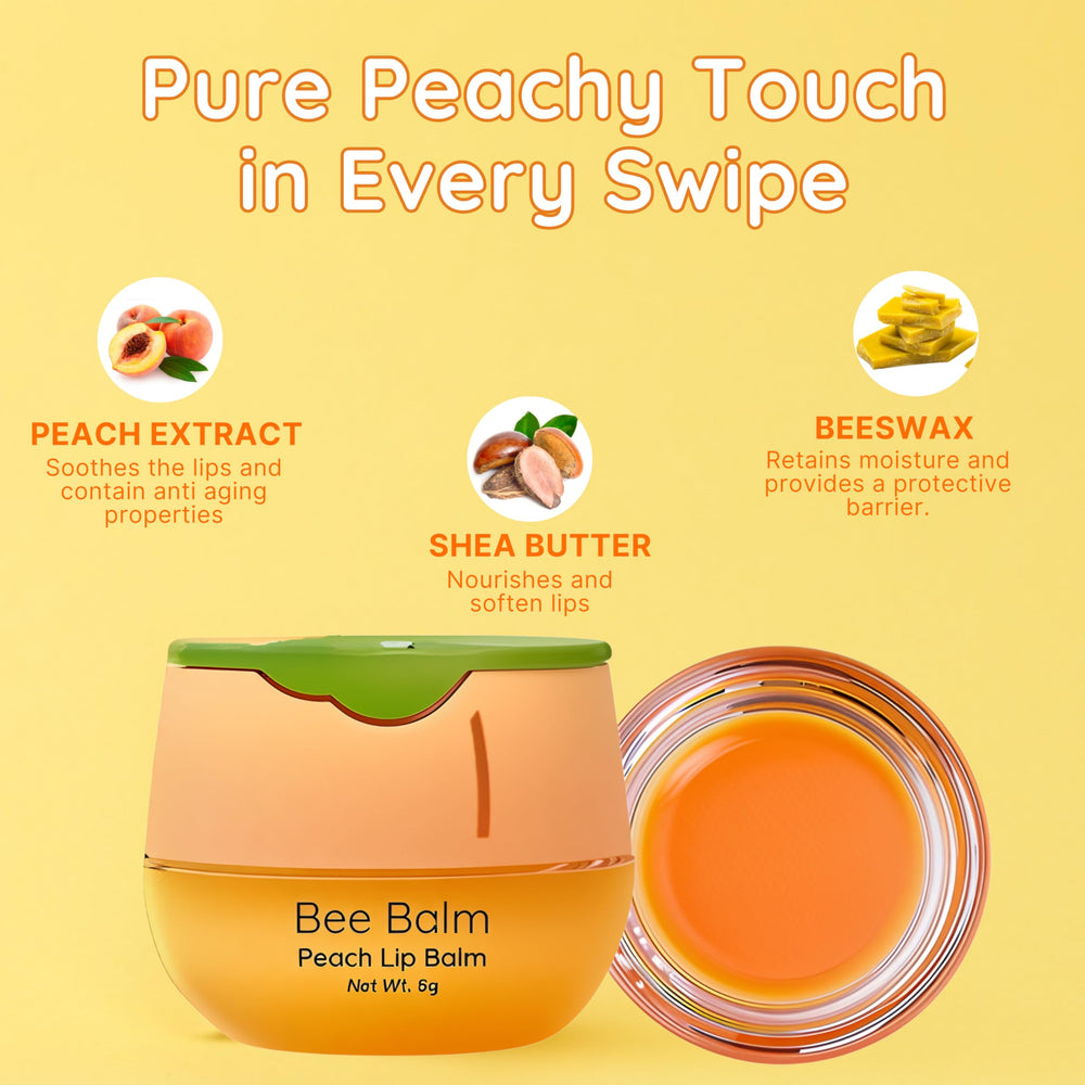 Bee Balm peach-flavor lip balm being applied for moisture and scent.