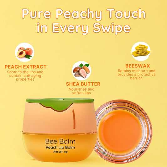 Bee Balm peach-flavor lip balm being applied for moisture and scent.