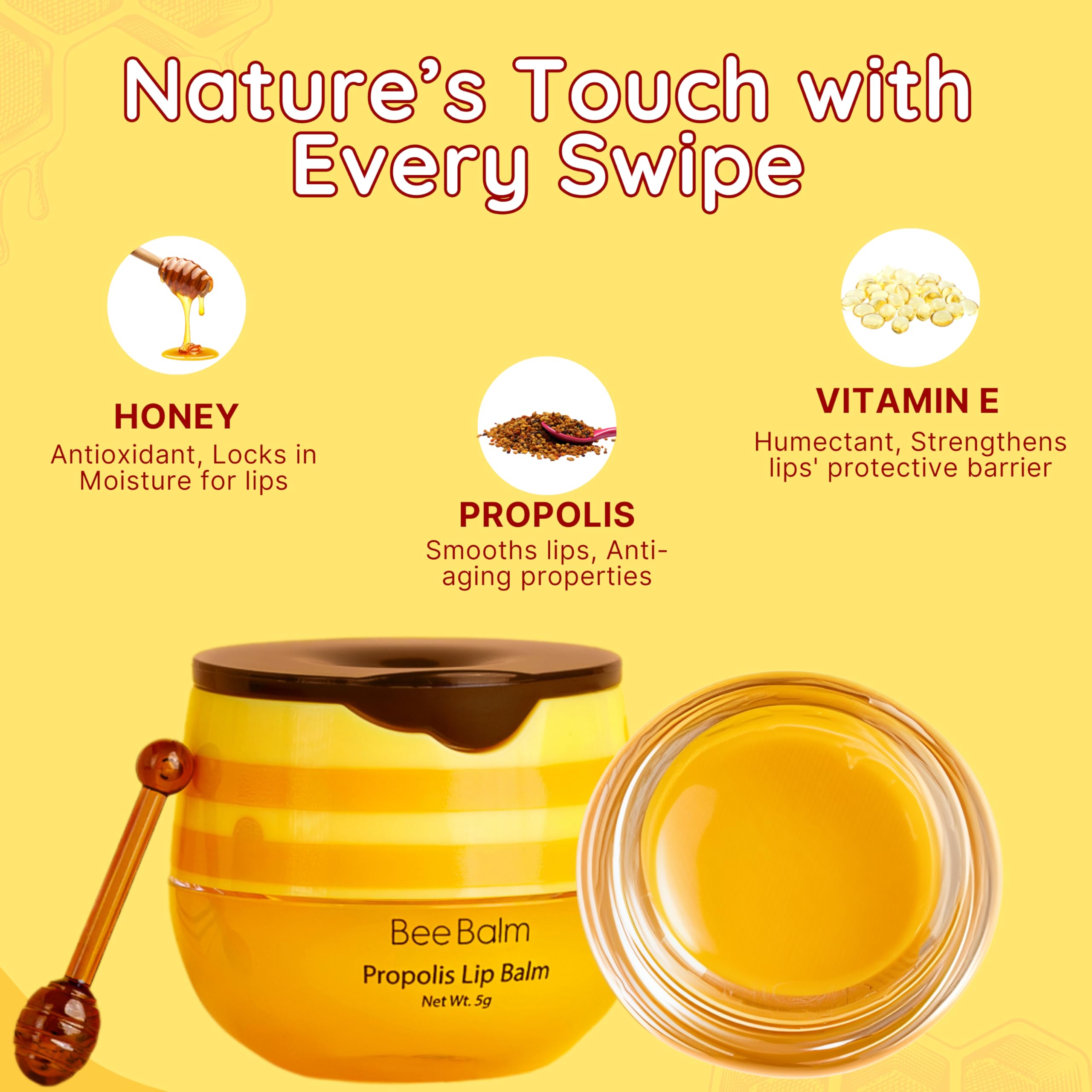 Close-up of propolis and honey blend in Bee Balm lip balm for repair.