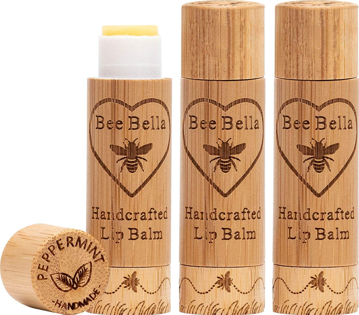 Bee Bella Lip Balm Peppermint 3-pack front view showing compact, travel-friendly packaging.