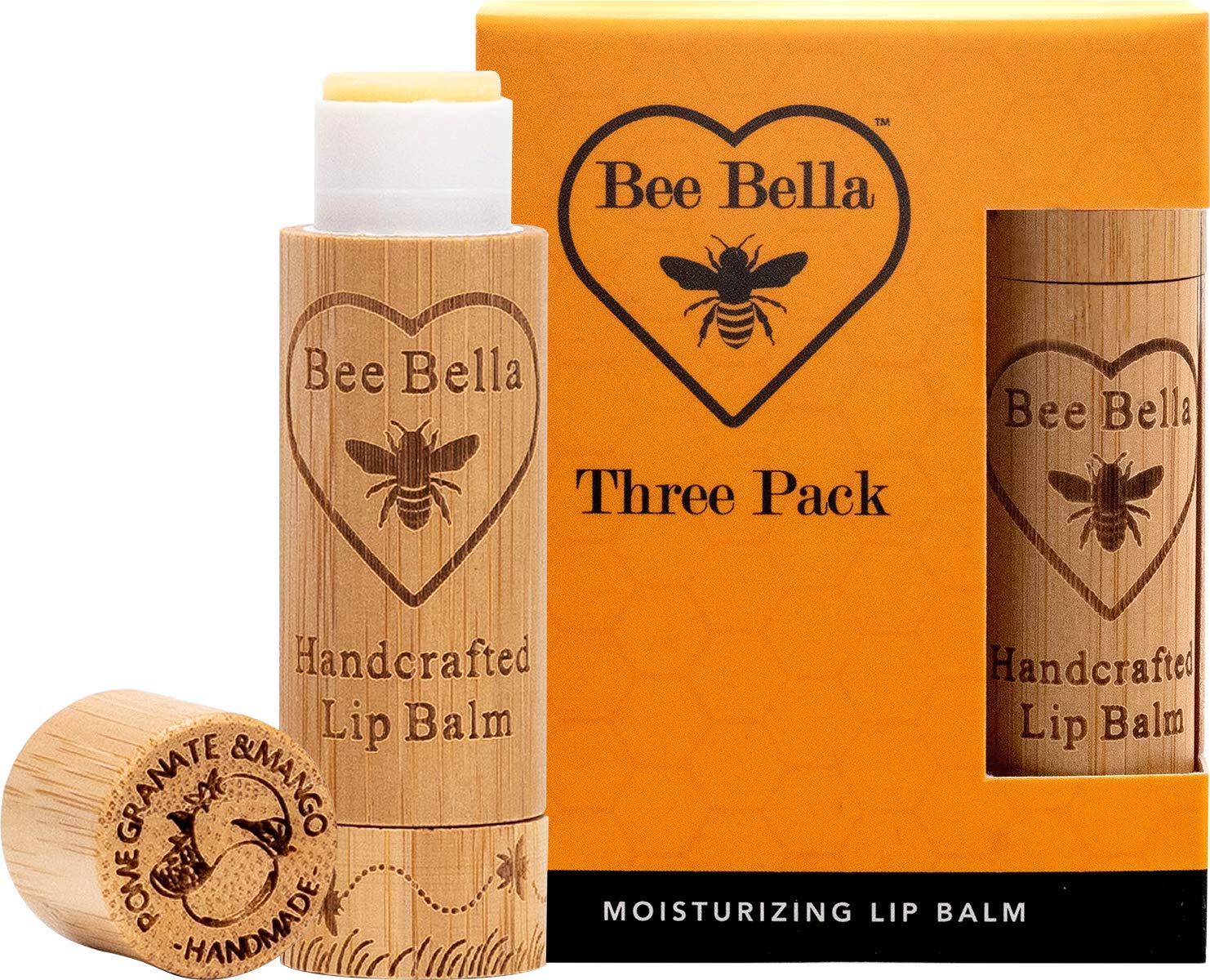 Bee Bella lip balm in pomegranate mango, back label with ingredients