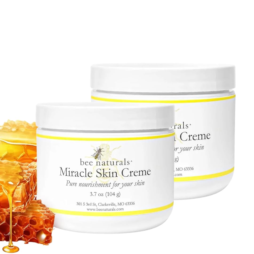 Bee Naturals Miracle Skin Creme jar application highlights rich hydration for face and body.