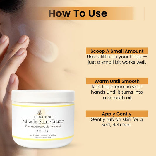 Bee Naturals Miracle Skin Creme label closeup emphasizes clean, natural ingredients.