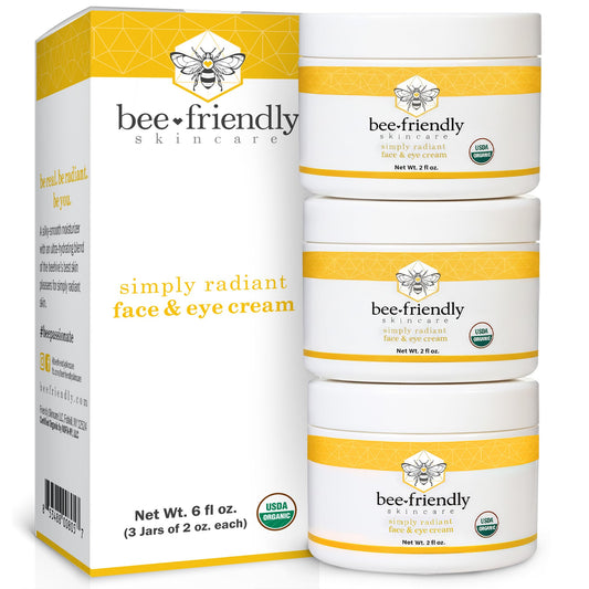 BeeFriendly Organic Face and Eye Cream box with three jars for multi-area hydration