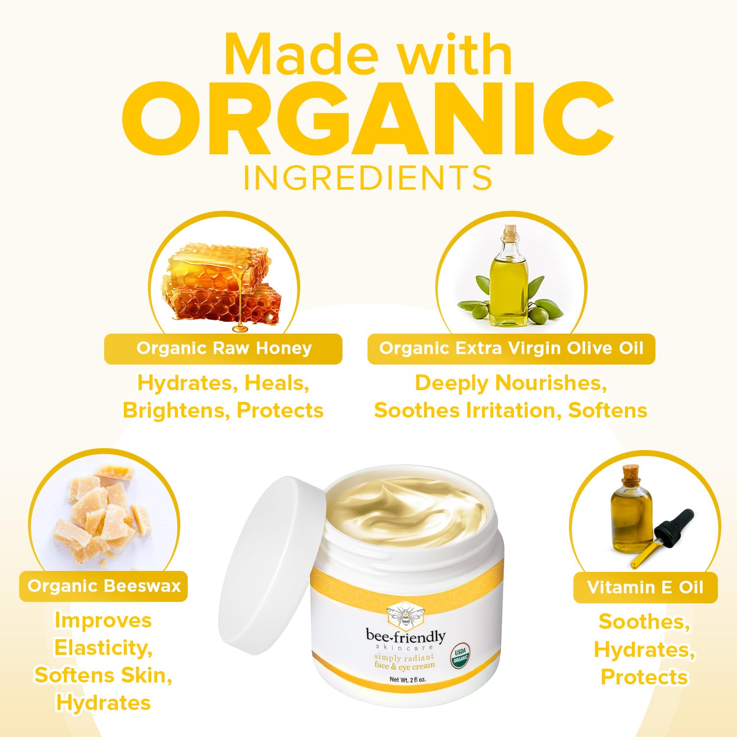 BeeFriendly Organic Face and Eye Cream jar closeup showing creamy texture