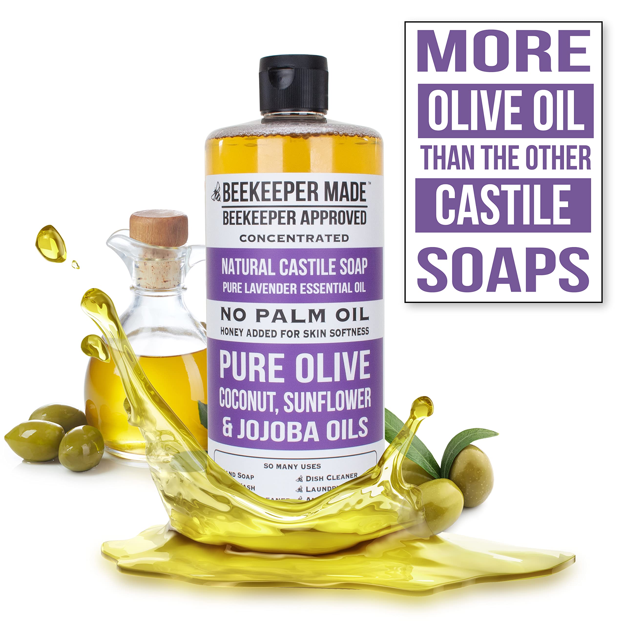 Beessential Castile soap no palm oil badge, promoting sustainable cleaning