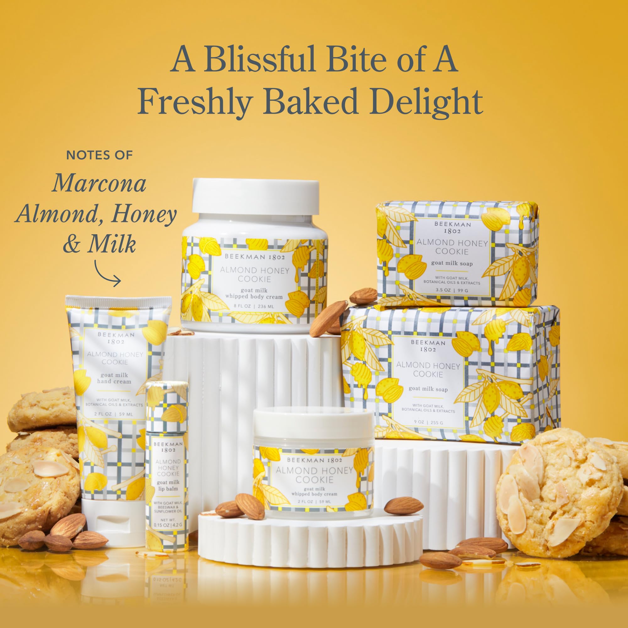 Beekman 1802 almond honey cookie fragrance label on tub for a gentle aroma