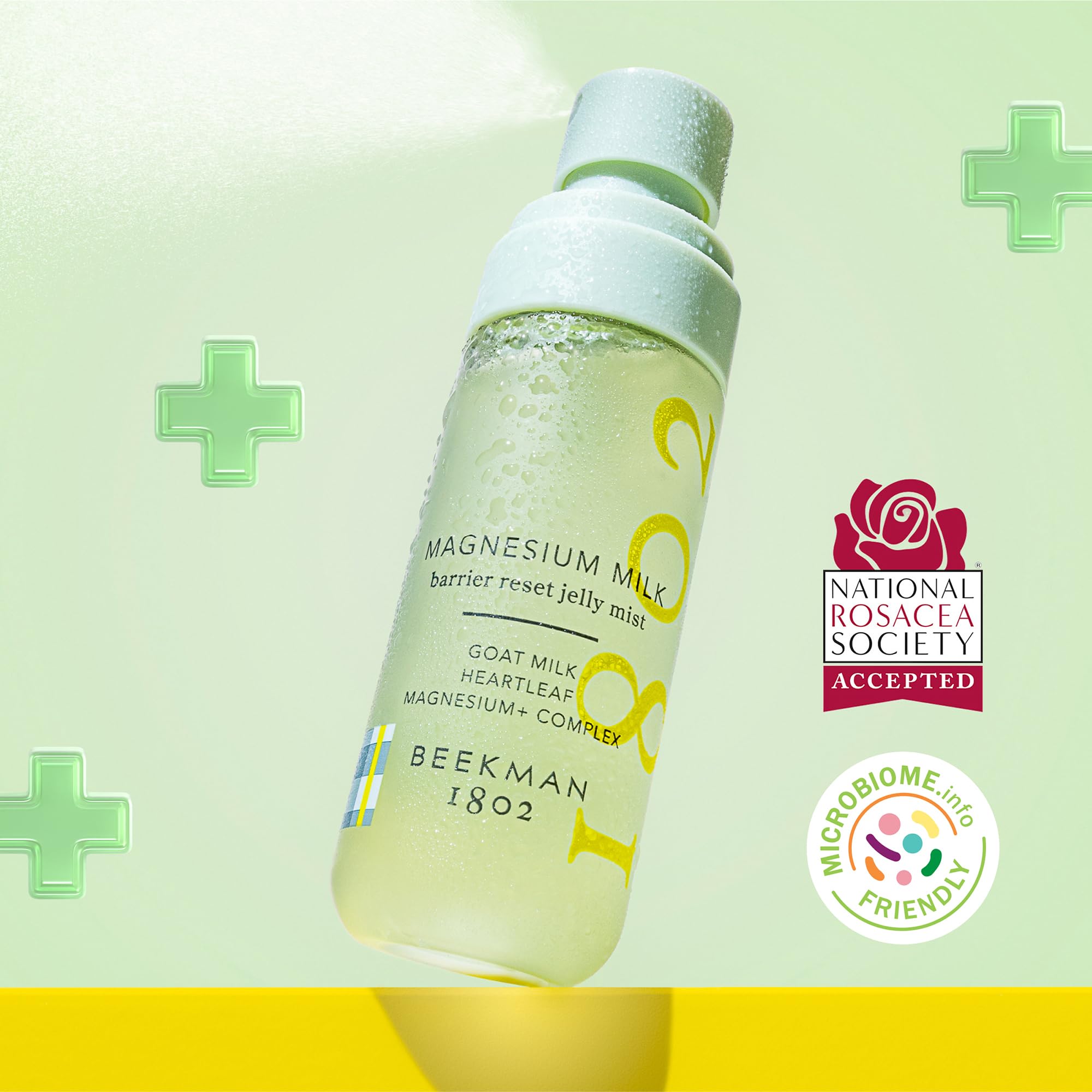 Beekman 1802 bottle close-up emphasizing Clinically Kind, clean formula supporting balanced skin.