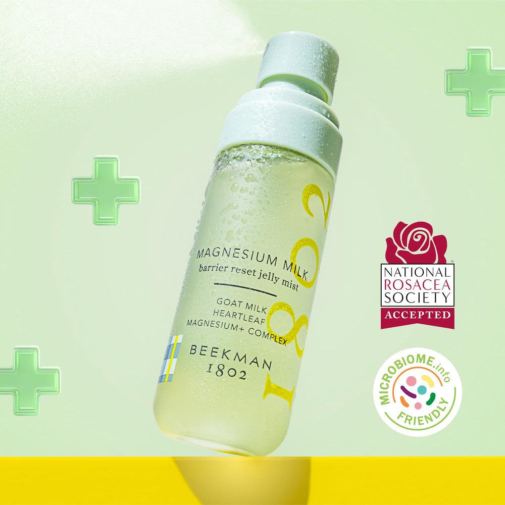 Beekman 1802 bottle close-up emphasizing Clinically Kind, clean formula supporting balanced skin.