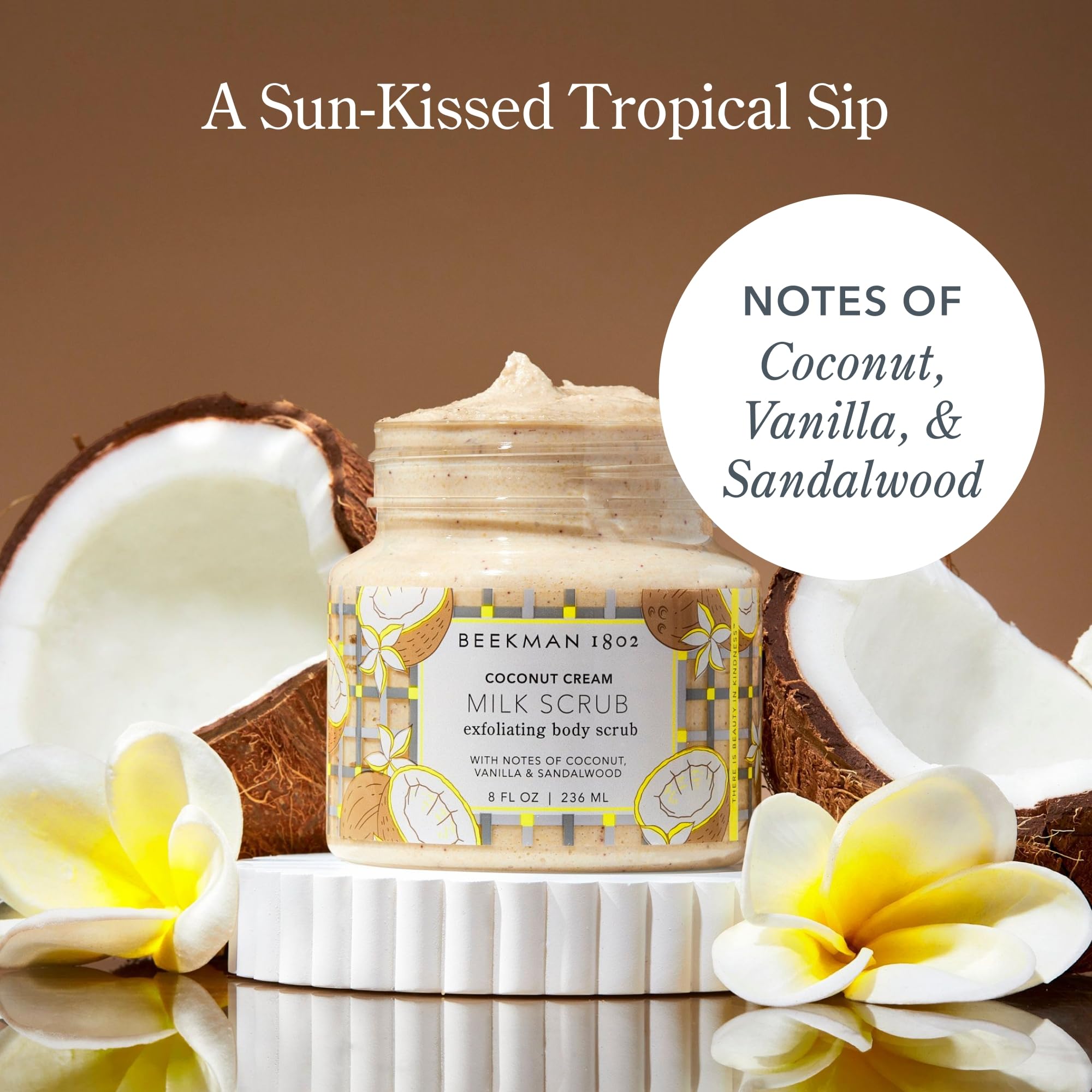 Beekman 1802 Coconut Cream Exfoliating Milk Scrub goat milk icon on pack signals skin balance.