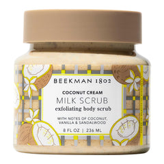 Beekman 1802 Coconut Cream Exfoliating Milk Scrub jar highlights creamy texture and gentle exfoliation.