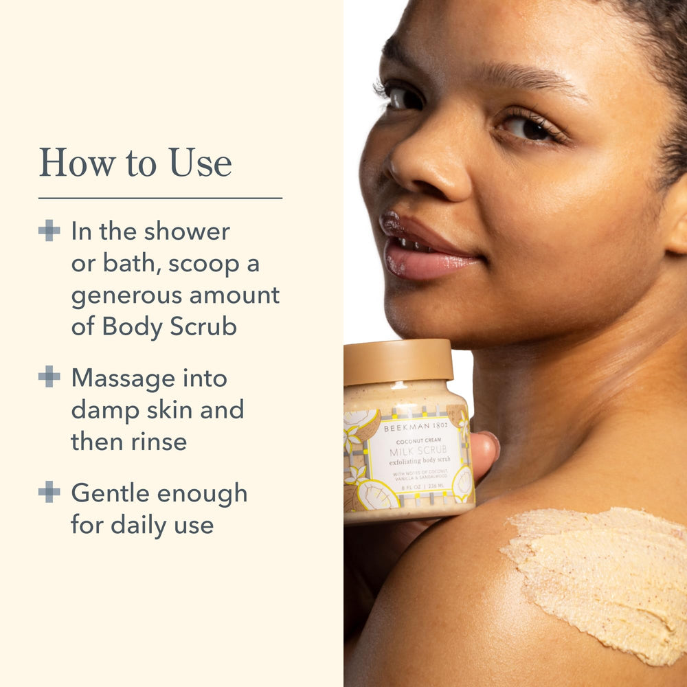 Beekman 1802 Coconut Cream Exfoliating Milk Scrub shower scene suggests daily pampering ritual.