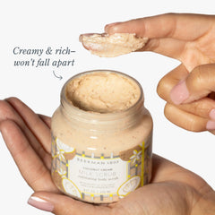 Beekman 1802 Coconut Cream Exfoliating Milk Scrub texture on skin demonstrates smooth application and even tone.